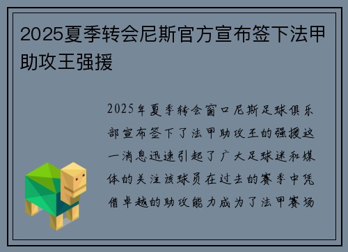 2025夏季转会尼斯官方宣布签下法甲助攻王强援