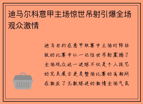 迪马尔科意甲主场惊世吊射引爆全场观众激情